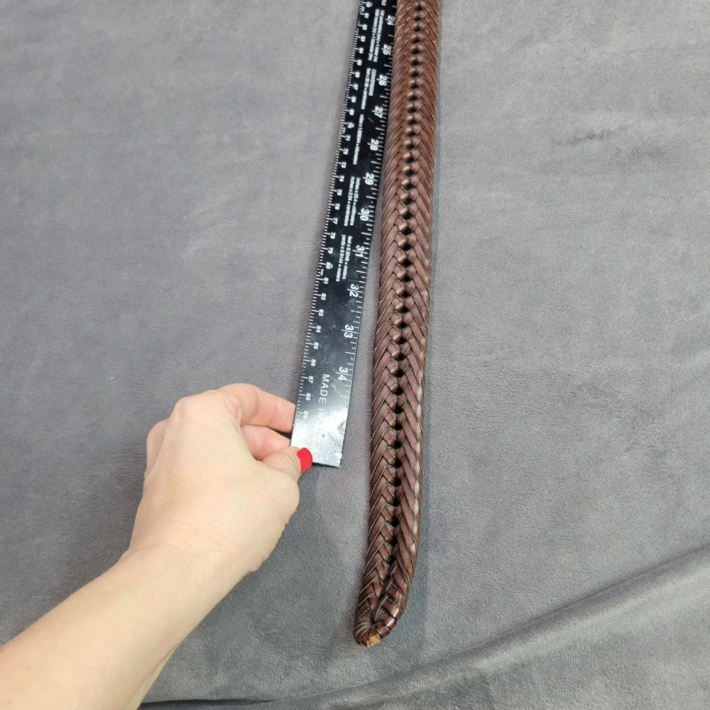 Brown Braided Genuine Leather Belt Silver Buckle Woven Casual Mens Womens 35.5in
